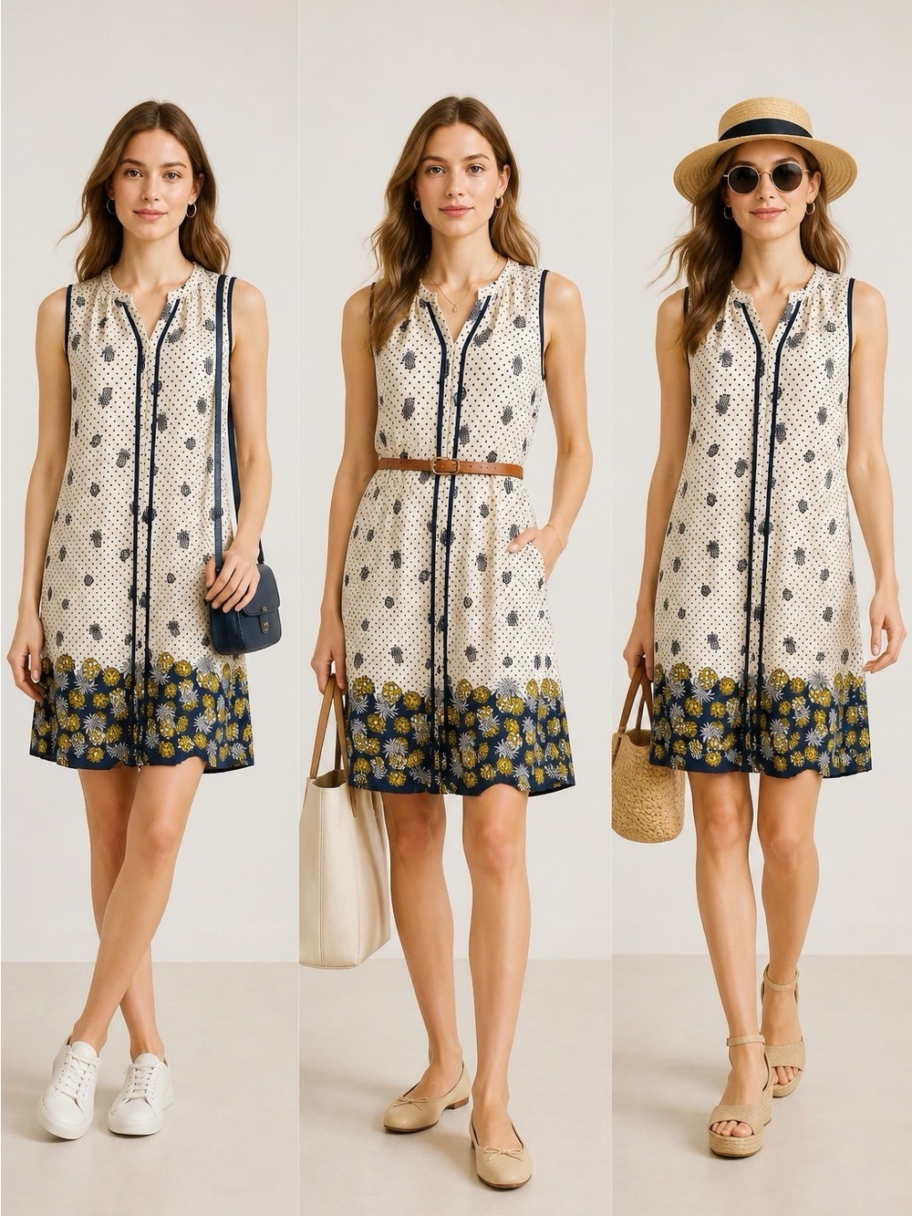 Naif White Sleeveless Button-Front Dress with Navy & Yellow Floral Border